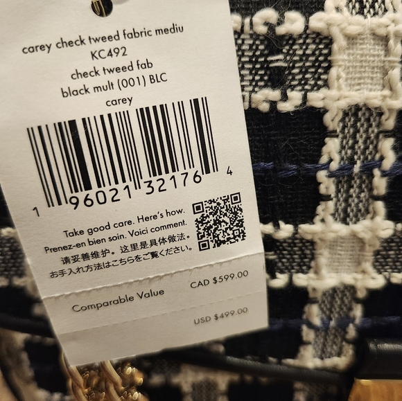 NWT Kate Spade Black, White, Blue Carey Checked Tweed Medium Shoulder Bag Chain - Picture 13 of 15